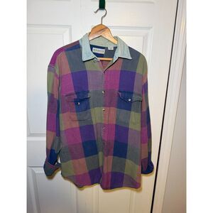 Vintage Nuovo Jeanswear Plaid Flannel Button Front Shirt Denim Collar Large